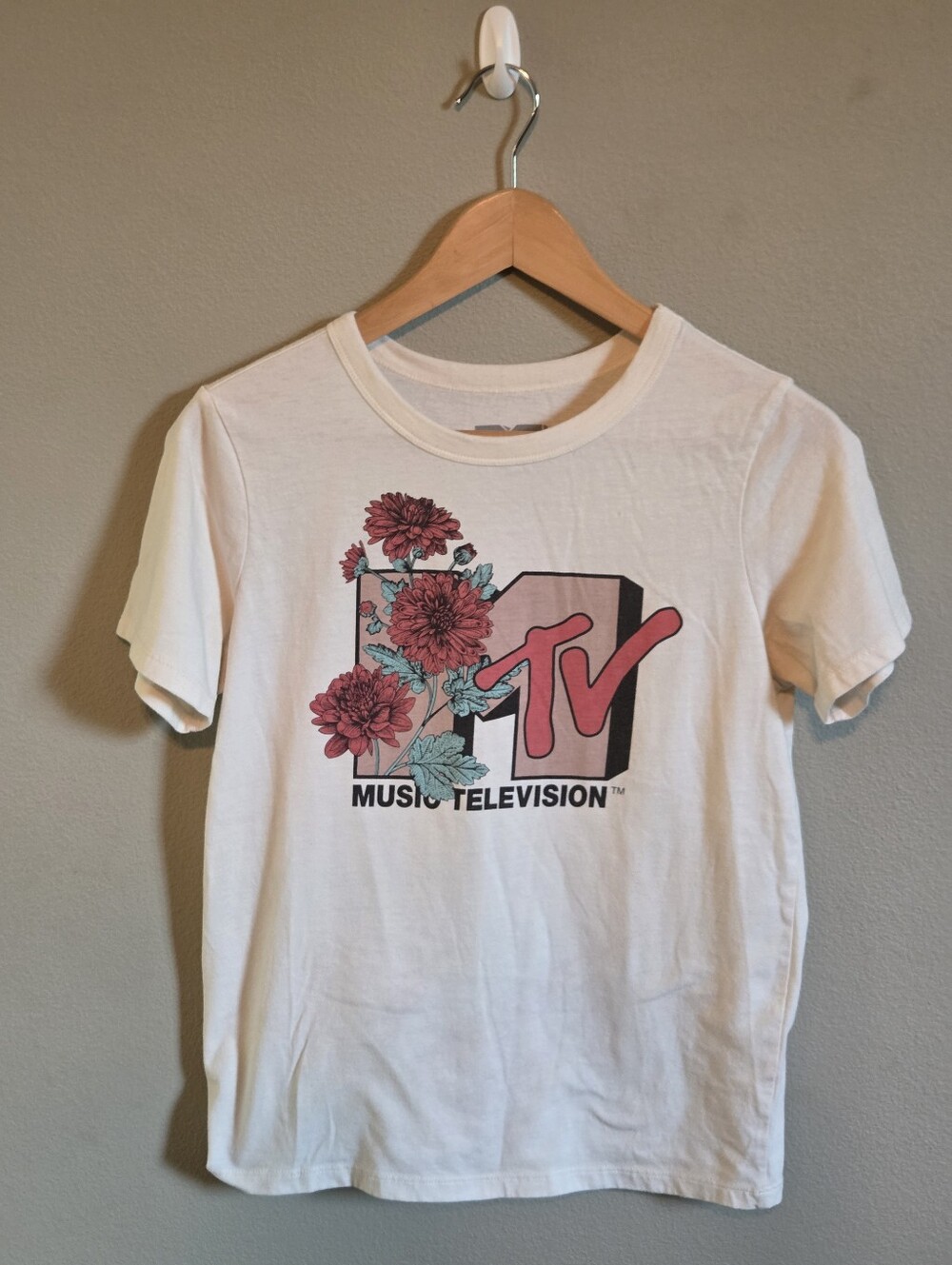 MTV White Tee with Pink Floral Logo - Size Small